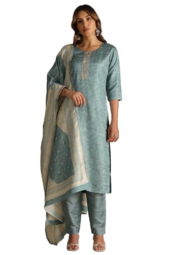 Soch Womens Turquoise Blue Silk Blend Solid Suit Set With Zardozi