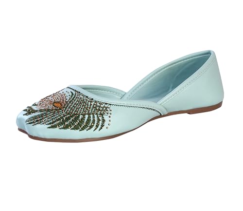 CatBird Women’s Embroidered Ethnic Jutti with Leaf Motif | Soft Cushioned Slip-On Mojari | Lightweight Traditional Flats for Casual 5 UK Mint Green