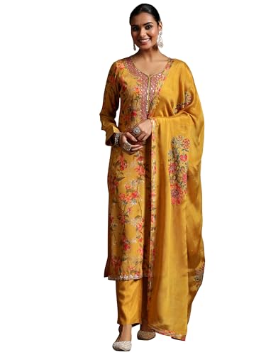 Libas Womens Printed Silk Blend Straight Kurta With Trousers and Dupatta