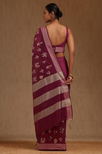 Soch Womens Wine Chanderi Warli Print Saree With Thread Work