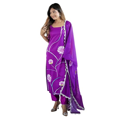 AVYUKTHA | Women Floral Embroidered Kurta with Pyjamas & Dupatta | Thread Work Ethnic Kurta Set for Women | Festive & Daily Purple | Size- M