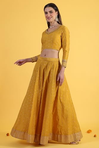 W for Woman Yellow Metallic Embroidery Crop Top & Skirt with Dupatta Set (Size: M)-24AUWS31123-400772