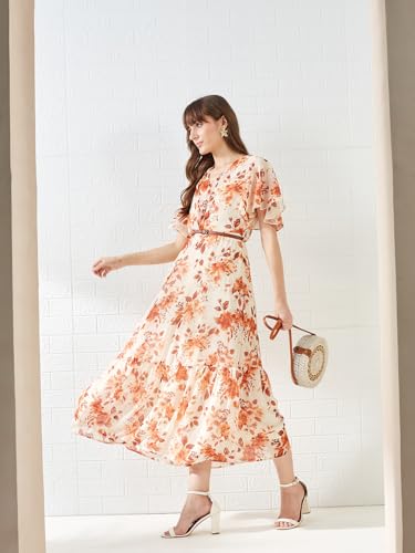 Latin Quarters Women's Rust Short Sleeves V-Neck Printed Casual Maxi Dress_XL