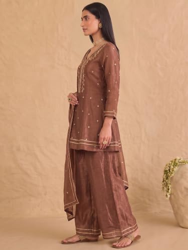 Varanga embroidered brown kurta set with palazzo and dupatta.