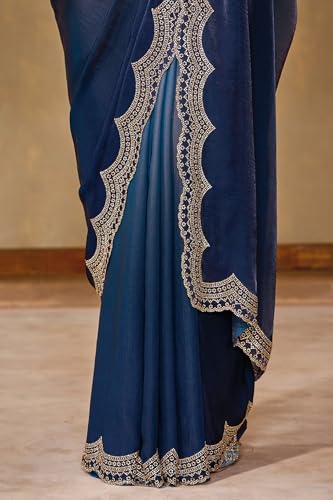 Soch Womens Navy Blue Fendy Satin Ombre Saree With Stone Work