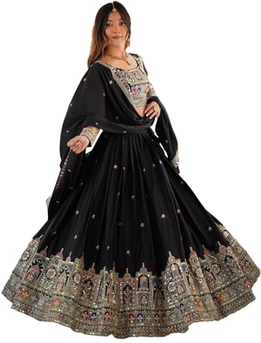 JIHU CULTURE Women's Natural Silk Coding Dori With Sequence Embroidery Work Semi Sttiched Lehenga Choli Set For Wedding (Black)