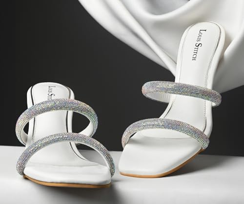 LOUIS STITCH Women's Fashion Slip-On Pointed Heel Sandals | Open Toe White Stylish Stiletto Heel Sandal for Ladies, Fashionable Sandal |LSOF-LDPH-GLDSWH | (UK-5)