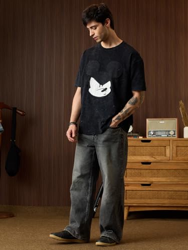 The Souled Store Mickey Mouse: Not Mousy Men and Boys Short Sleeves Round Neck Charcoal Grey Graphic Printed Casual Lightweight Drop Shoulder Streetwear Trendy Oversized T-Shirts