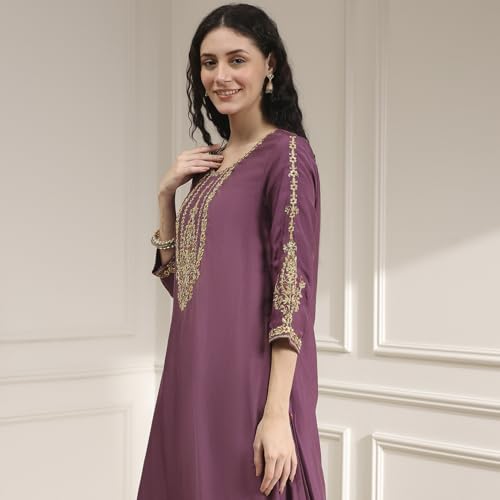 Biba Women's Blended Kurta Set (SKDASRTFES30458AW25OLDRS_Old Rose