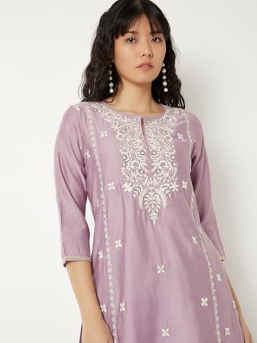 Max Women Embroidered Straight Kurta Set(Purple_L)