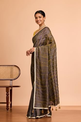 Taneira Women Brown Pure Tissue Organza Hand Painted Embroidered Saree with Unstitched Blouse Piece (SAIP01AC1418-Brown)