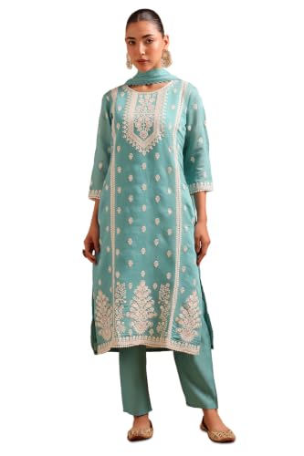 Soch Womens Turquoise Blue Chanderi Embroidered Botanical Chikankari Embroidery Salwar Suit