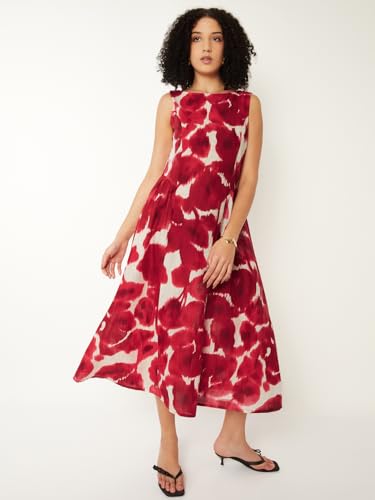 Max Women Printed A-line Midi Dress (White_L)