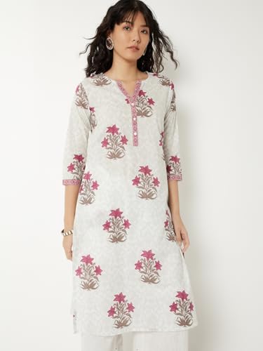 Max Women Floral Print Straight Kurta(White_L)