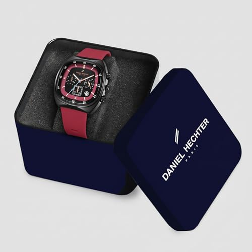 Daniel Hechter Paris Bercy Collection Modern Multi Functional Watch for Men with Square Dial and Silicon Band-DHM1001 (Dial: Black Strap: Red)
