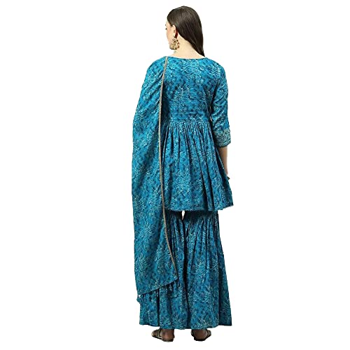 BIBA WOMEN PRINTED RELAXED SALWAR KURTA DUPATTA(SKDASSORTED8419_TEAL BLUE_40)