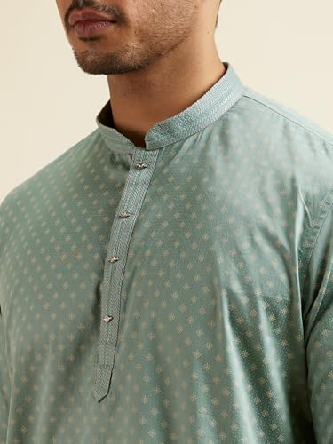 Manyavar Men's Cotton Digital Print|Embroidered Short Kurta (Green,M)