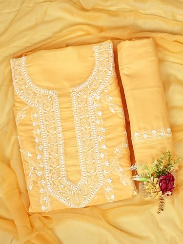 Ada Hand Embroidered Lucknowi Chikankari Unstitched Cotton Dress Material Suit Piece with Dupatta for Women 01A869337 Yellow