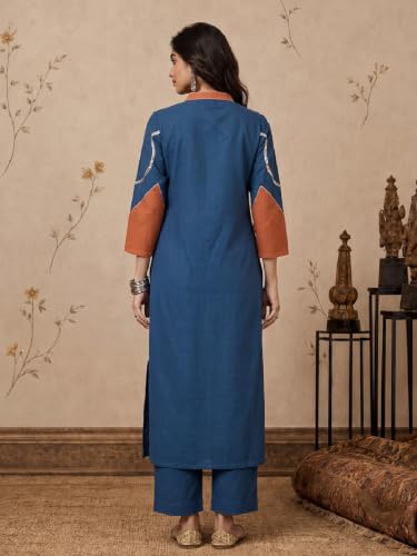 Varanga Women Blue With Rust A Line Kurta Trousers Set Mandarin Collar