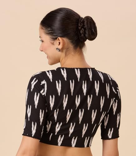 Studio Shringaar Women's Readymade Black Cotton Block Printed Elbow Length Sleeves Saree Blouse (Black, 48)