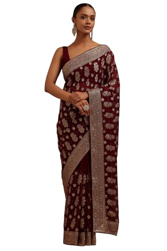 Soch Womens Wine Georgette Embroidered Saree With Stone Work