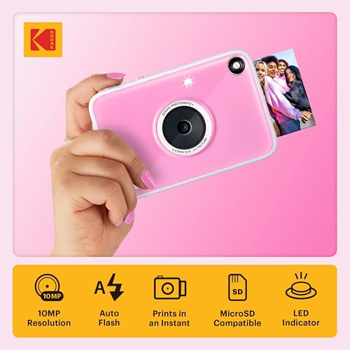 Kodak Printomatic+ Full Color Instant Print Digital Camera Gift Bundle + Case + Zink 2x3 Sticky Back Photo Paper 20pk + Album + Sticker Sets + Sticker Frames + Hanging Frames + Markers - Pink
