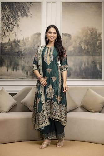 NIVANA Embroidered & Printed Asymmetric Kurta with Palazzo & Printed Dupatta | XXL | Teal | Paisley & Floral Print | 3 Piece Ethnic Set
