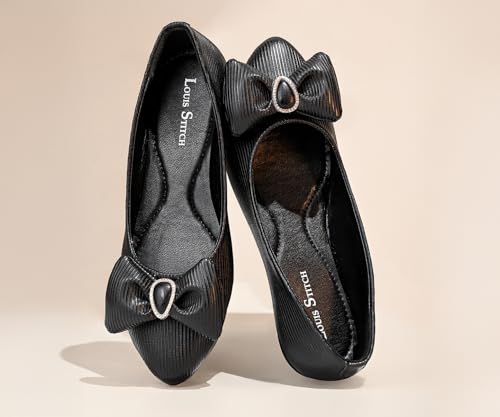 LOUIS STITCH Women’s Black Stylish Bow Ballerina Flats | Premium Closed-Toe Flat Sandals| Comfort Ballerina for Office & Everyday Style| LS-LDCF-010 | UK-3
