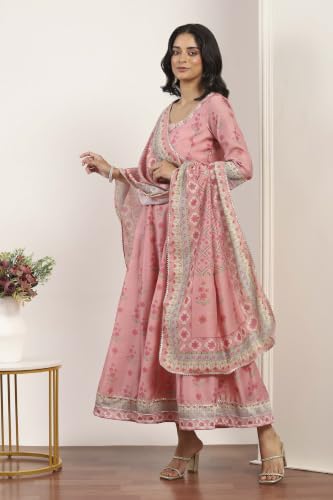 Rangriti Viscose Polyester Printed Kalidar Festive Dress with Dupatta Pink