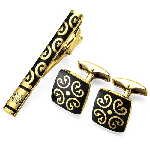 Peora Black Gold Decorative Combo Tie Pin and Cufflinks Set Wedding Business Accessories for Men Boys