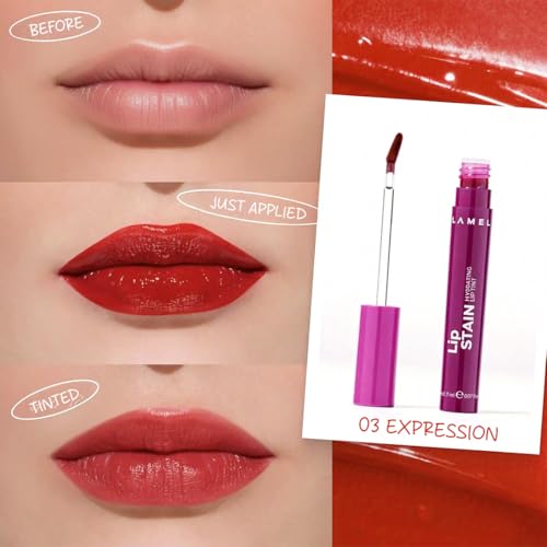 Lamel Hydrating Lip Tint Stain - Expression, Lip-Tint, High-Shine Glossy Finish, Long-Lasting 8-Hour Wear, Lightweight Non-Sticky Lip Stain, Precision Applicator, Natural Tint Effect, Liptint gloss, 2.7 gm