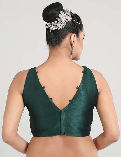 Madhu Fashion Women's Sleeveless Solid Pattern V Neck Readymade Saree Blouse (Bottle Green, 32)