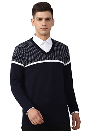 Men Navy Print V-Neck Sweater