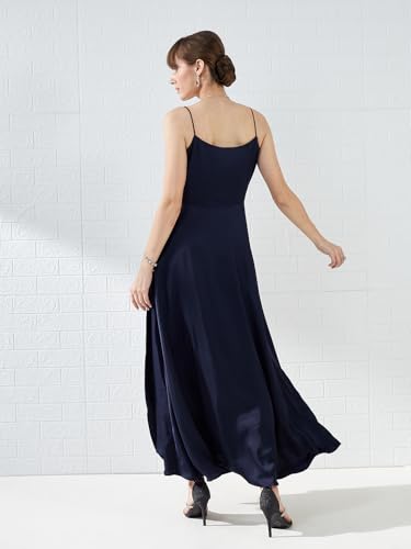 Latin Quarters Women's Navy Blue Shoudler Strap Square Neck Solid Party Maxi Dress_M