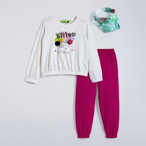 Hopscotch Girls White Full Sleeves 2-Pc Cat Jogger Set For Age (8-9 Years)