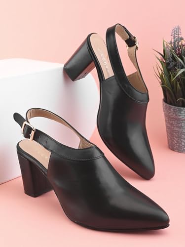 XE Looks Black Slingback Heels | Pointed-Toe Design | Adjustable Strap |Comfortable & Trendy Cushioned Footbed Heels for Girl & Women