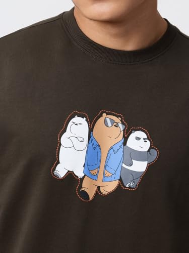 The Souled Store We Bare Bears: Cooligans Men and Boys Short Sleeves Round Neck Dark Olive Embroidered Cartoon Graphic Casual Lightweight Drop Shoulder Streetwear Trendy Cotton Oversized T-Shirt