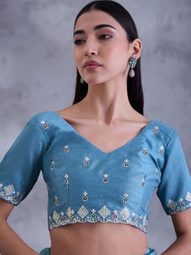 SAREE MALL Women's Light Blue Paper Silk Embroidered Saree With Unstitched Blouse (DHNIYA2032C_DC)
