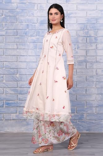 W for Woman White Embroidered Printed Chanderi Flared Kurta, Palazzo and Dupatta Set (Size: M)-WS12936-223833