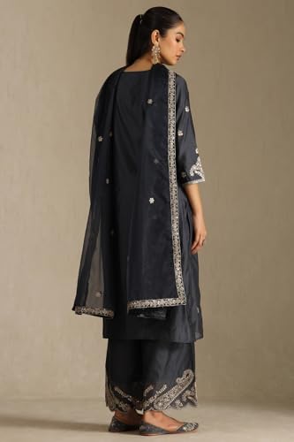 Soch Womens Charcoal Chanderi Embroidered Suit Set Sequins