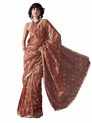 Womanista Women's Net Sequinned Saree (TI6578_Rust)