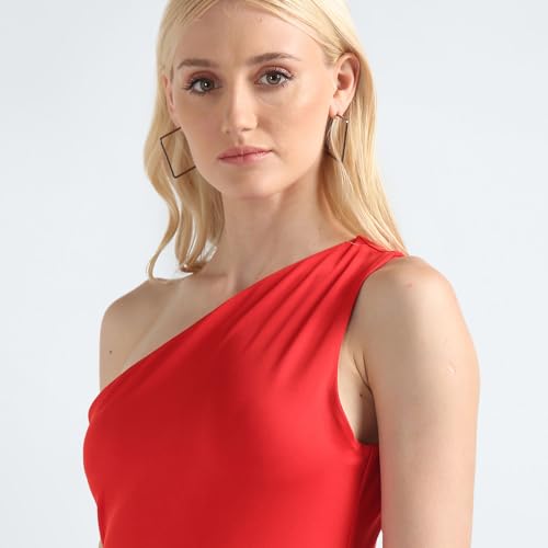 Tommy Hilfiger Polyester Red Solid Asymetric One Shoulder Women Bodycon One-Shoulder Dress (M)