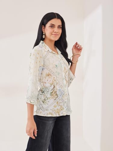 Latin Quarters Women's Off-White Printed 3/4th Sleeve Collar Neck Casual Shirt_M