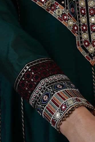 W for Woman Green Flared Chanderi Long Ethnic Dress with Thread Embroidery_24AUW11510-222093_3XL