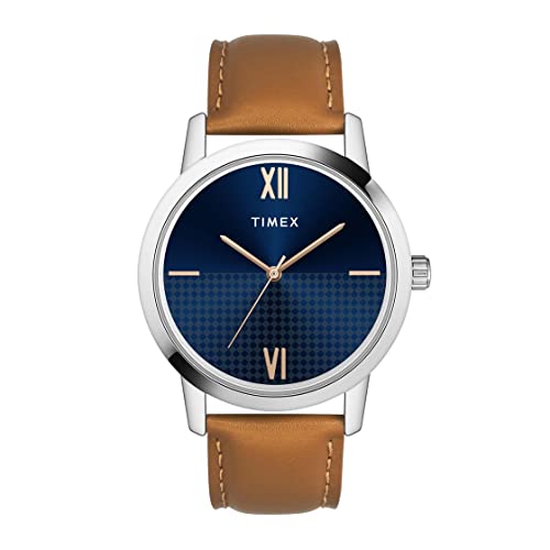 TIMEX Analog Watch for man with Blue Round Dial & Tan Leather Strap Band Water Resistant Men's Wrist Watches - TWTG31SMU01