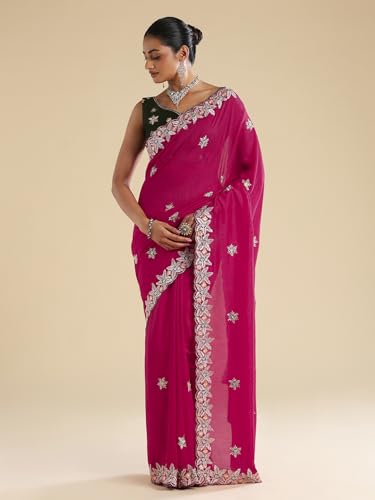 AKHILAM Women's Pink Vichitra Silk Floral Embellished Saree With Unstitched Blouse Piece (ANIKA2502_AG)