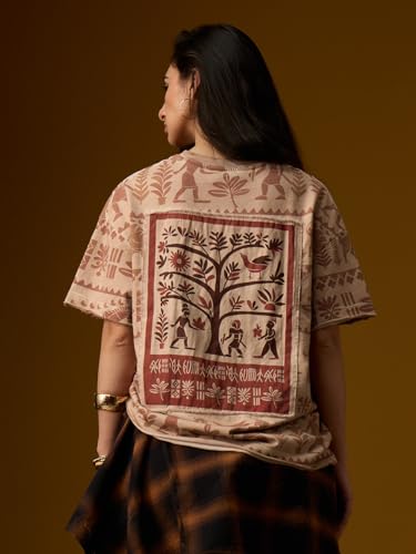 The Souled Store Nomad: Indus Brown Women and Girls Short Sleeves Round Neck Light Brown Ethnic Print Cotton Breathable Lightweight Streetwear Oversized T-Shirt