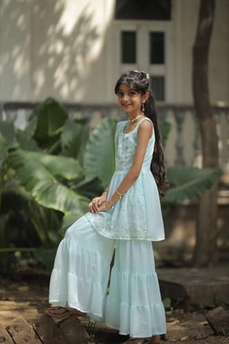 2STORY Kids Sharara Set for Girls with Kurti & Dupatta Traditional Ethnic Wear for Weddings, Festivals & Parties Comfortable Fabric Stylish Indian Outfit for Girls Pista Colour (Size 6-7 Years)