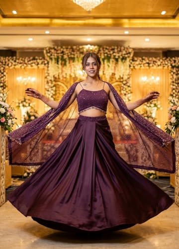 Indo-Era Women's Readymade Designer Lehenga Choli Set - Ready to Wear Plum Mauve Georgette Sequence Work Choli with Pre-Stitched Drape Skirt & Shrug Dupatta - Perfect for Weddings & Receptions