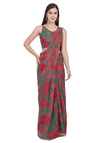 W for Woman Green Floral Printed Pre-Draped Georgette Saree with Blouse - (WS13897-127595-S)